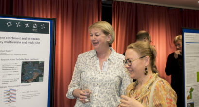 Maria Kämäri & Eva Skarbøvik, NIBIO, Norway, looking at Eva's poster on”Sensors for stakeholders?” from NORDBALT ECOSAFE: Nitrogen and phosphorus load reduction approach within safe ecological boundaries for the Nordic Baltic region - Nibio, where Syke is also a partner. Photo credit: Paul Glendell